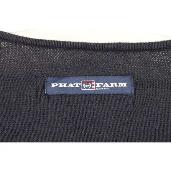 NOS Vintage Phat Farm Mens 3XL Striped Spell Out Script Marled Knit Sweater Navy